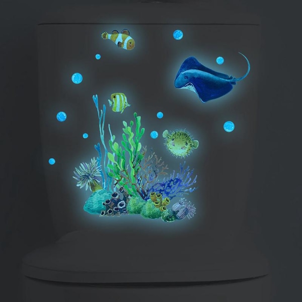 Glow In The Dark Coral Devil Fish Toalettsitsdekal (blått ljus) - Underwater World, Väggdekor för heminredning