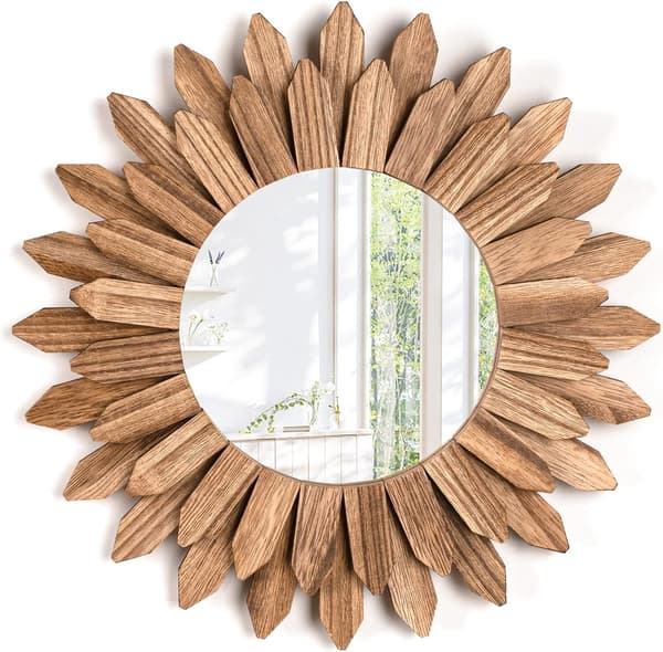 Väggspegel - 30cm - Liten Rustik Träspegel - Solstråle Boho - Bohemisk Väggdekor - Väggdekor - Rustik Brun