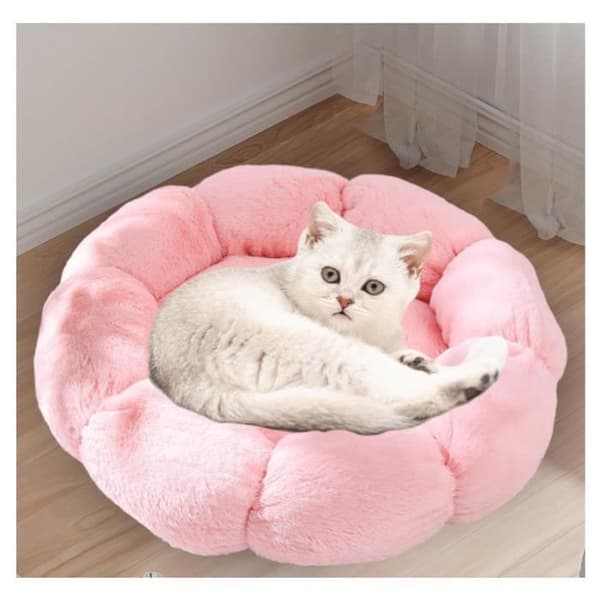Lille hundeseng med blomsterdesign - Varm pude - Lyserød - 40 cm