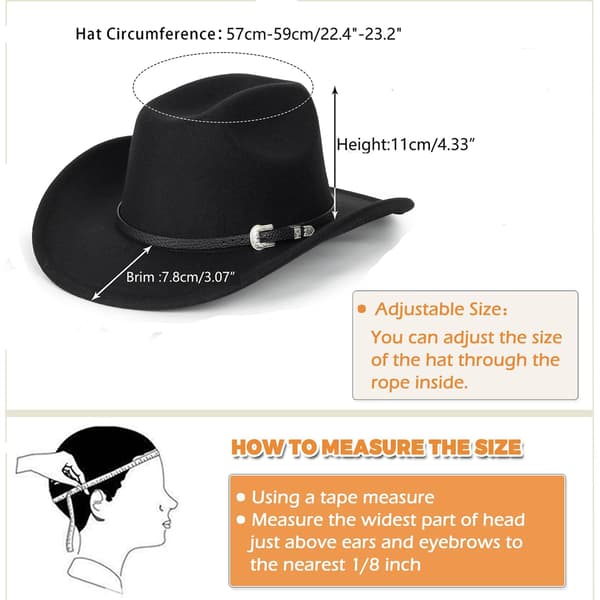 Western Cowboyhatt for menn og kvinner Klassisk bøyd brem Fedora med spennbelte (Medium)