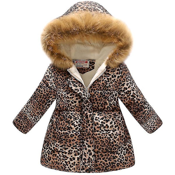 Blå Pelsformet Parka Jakke med Hætte til Piger, Varmt Vinterjakke med Leopardprint, Lommer og Fleeceforing, Størrelse 5-6 År