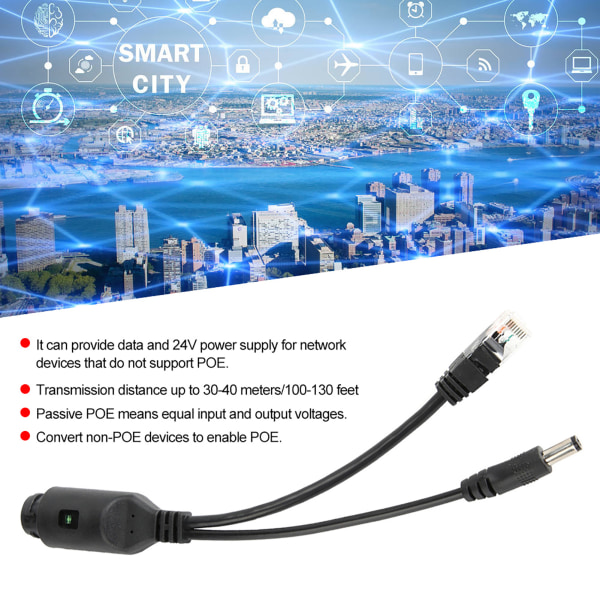 24V vanntett IP-kamera Power Over Ethernet Adapter POE Kabelsplitter Injektor Svart
