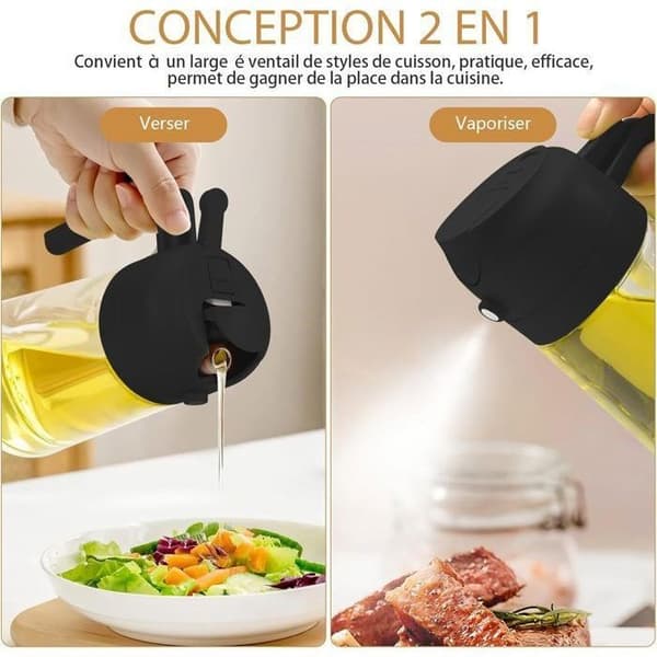 2-i-1 Oliesprøjte og Dispenser 470ml – Glas & PP, Spray og Hælder, Tåler Opvaskemaskine, Sort