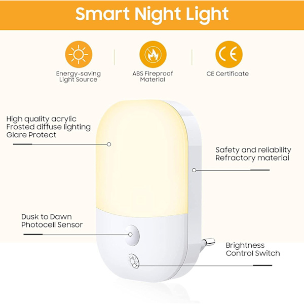 Vägglampa med skymningssensor för hall, trappor, sovrum, kök, 0,3W, 2-pack