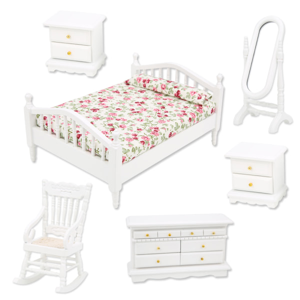 1:12 Mini Möbel Dubbelsäng Lång Spegel Sängbord Stol Skåp Dockhus Tillbehör6st/ set