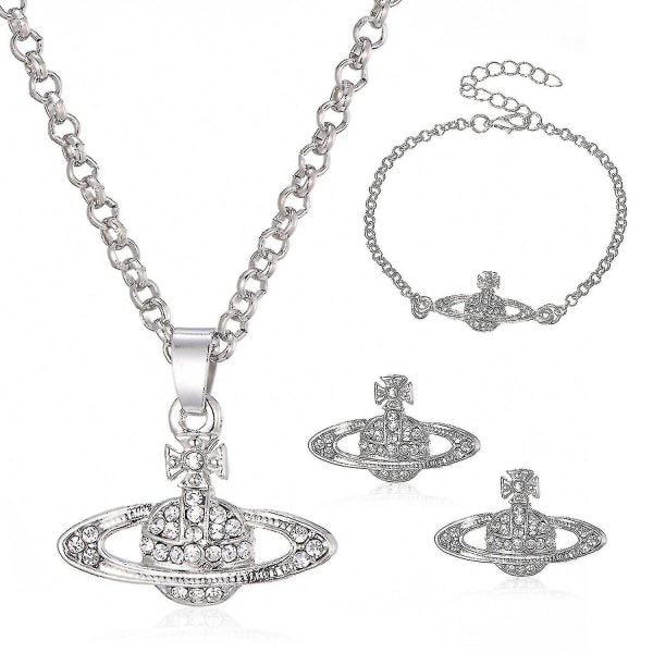 4x Crystal Saturn Heart Orb Set Halsband+armband+örhängen Hänge julklappspresent Silver