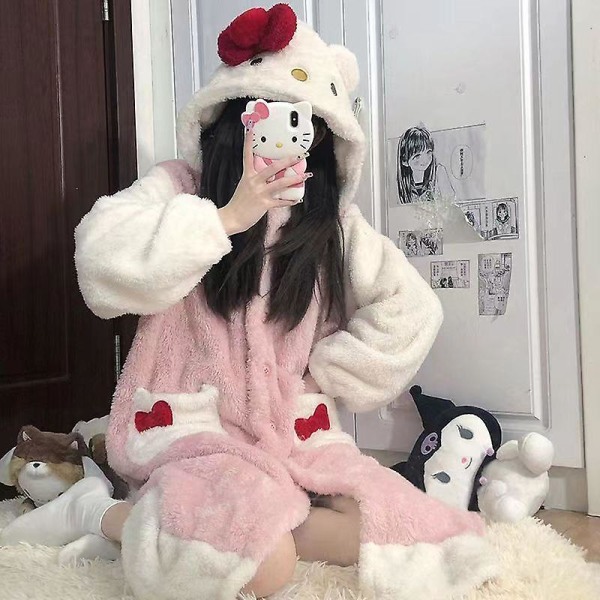 Kawaii Sanrio Kuromi Cinnamoroll My Melody Plysch Loungewear Dam Pyjamas Kappa Huva Söt Pyjamas Plysch Lång Nattlinne Present Hello Kitty M