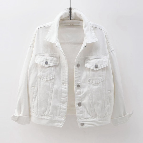 Kvinnor vår- och höstkappor Varma solida långärmade jeansjacka Ytterkläder White XXL