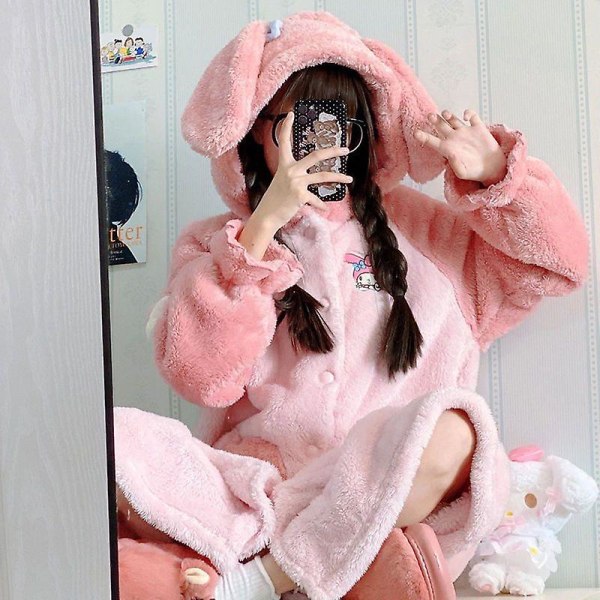 Kawaii Sanrio Kuromi Cinnamoroll My Melody Plysch Loungewear Dam Pyjamas Kappa Huva Söt Pyjamas Plysch Lång Nattlinne Present My Melody S