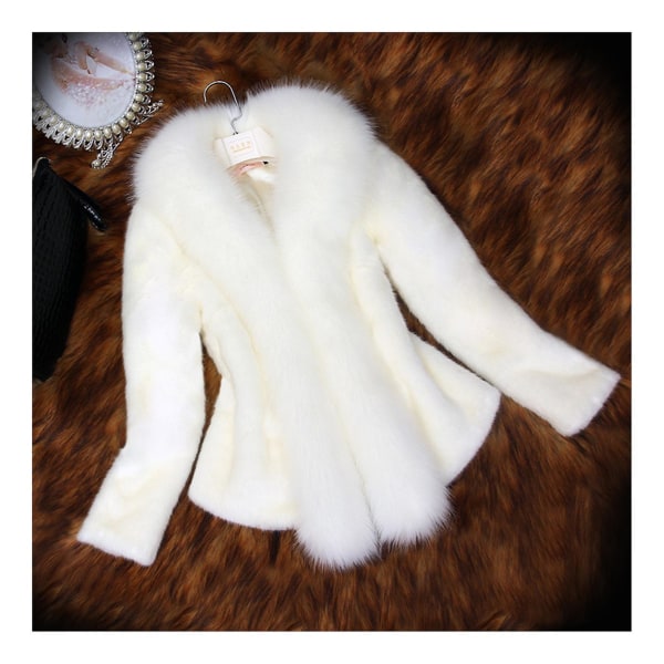 Damjacka i lyxig stil fuskpäls plysch kort kappa för vintern White XL