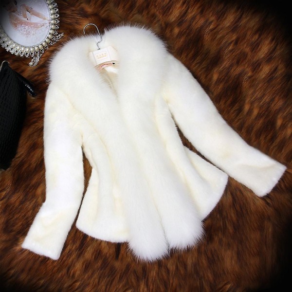 Damjacka i lyxig stil fuskpäls plysch kort kappa för vintern White XL
