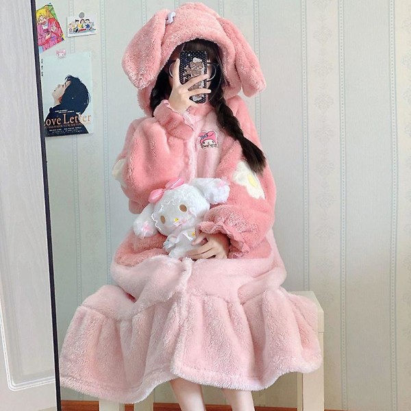 Kawaii Sanrio Kuromi Cinnamoroll My Melody Plysch Loungewear Dam Pyjamas Kappa Huva Söt Pyjamas Plysch Lång Nattlinne Present Hello Kitty L