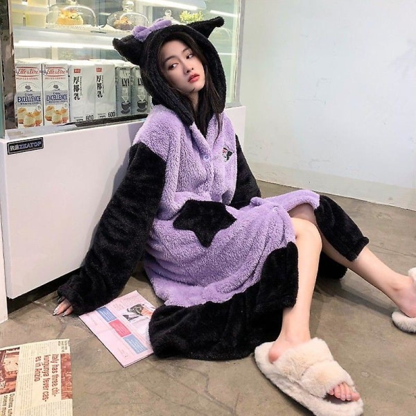 Kawaii Sanrio Kuromi Cinnamoroll My Melody Plysch Loungewear Dam Pyjamas Kappa Huva Söt Pyjamas Plysch Lång Nattlinne Present bats M