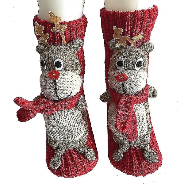 Vuxen jul halkfria stickade golvtofflor strumpor med söta 3d tecknade djur Rose red scarf deer