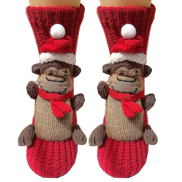 Vuxen jul halkfria stickade golvtofflor strumpor med söta 3d tecknade djur Red scarf monkey