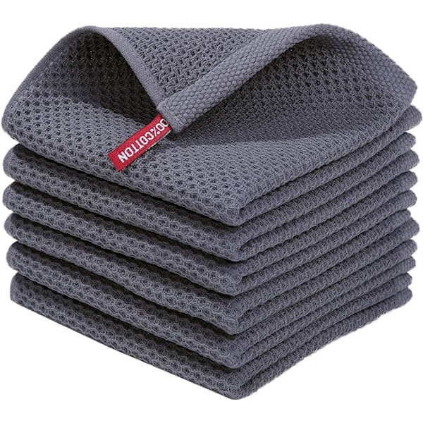 100% Bomulls Waffle-vävda Kökshanddukar, Extra Mjuka Absorberande Snabbtorkande Handdukar, 12 x 12 Tum, 6-pack, Mörkgrå