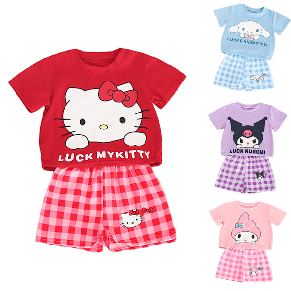 Pigebarn Kuromi Melody Cinnamaroll T-shirt Tartan Shorts Pyjamas Sæt Nattøj Rosa Pink 130cm