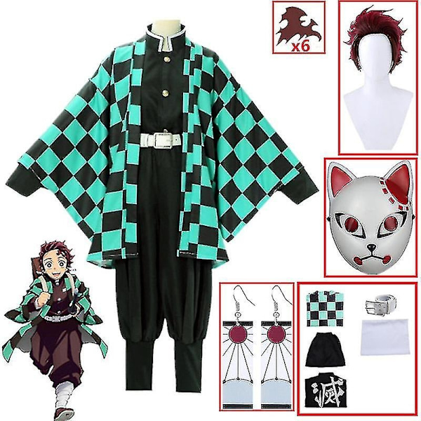 Demon Slayer Kimetsu No Yaiba Tanjirou Kamado Cosplay-asu Kimono Jul Anime Uniformi Aikuisten ja Lasten - Täydellinen 9 osainen setti 9 piece set S