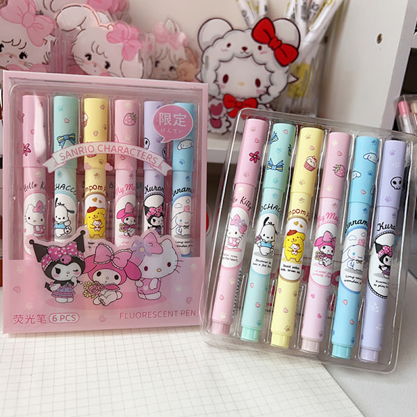 e Sanrio Highlighter 6 Bokser Høyverdig Fargepenn