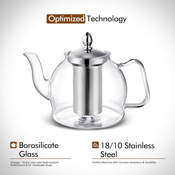 1000 ml glasstekanne med avtakbar infuser, egnet for komfyrtopp