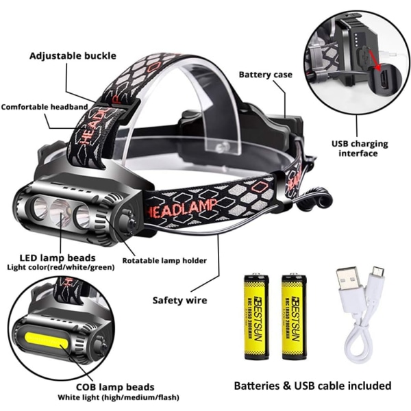 Oppladbart hodelykt, kraftig 1000 lumen LED-hodelykt med rødt / grønt / hvitt lys for fiske, camping, fotturer, nattsyn (3 lysfarger)