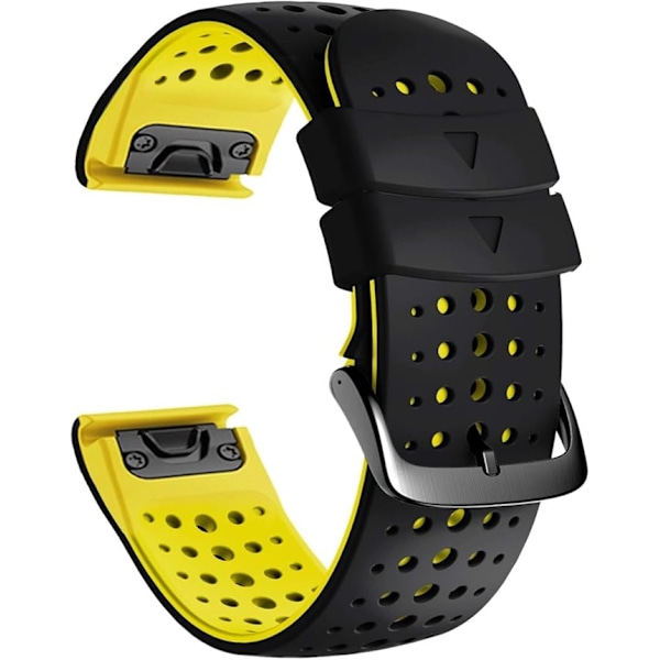 QuickFit 26 mm silikon myk sports vanntett pustende armbånd for Garmin Fenix 5X Plus, Fenix 6X Pro/safir, Enduro, Tactix Bravo Svartgul