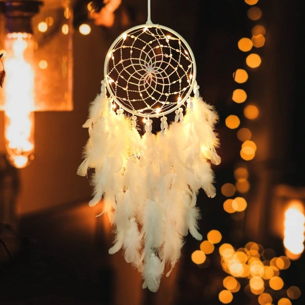 LED Drømmekatcher til Børn Væghængning Hvid Fjer Drømmekatcher med Lysperler Boho Dekoration Vævet Kunst Ornament Håndlavet Gave til Børneværelse
