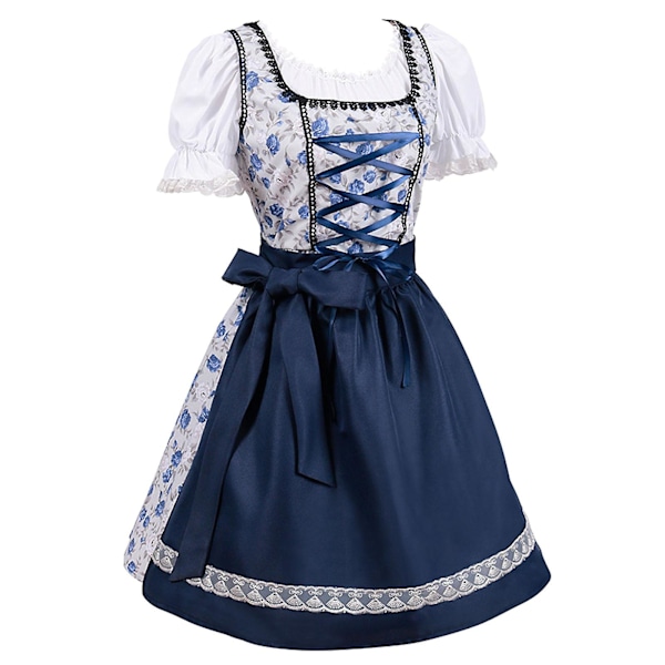 Spetsklänning för Oktoberfest med förkläde, traditionell bayersk ölkostym, tysk Dirndl-festklänning Blå Blue S