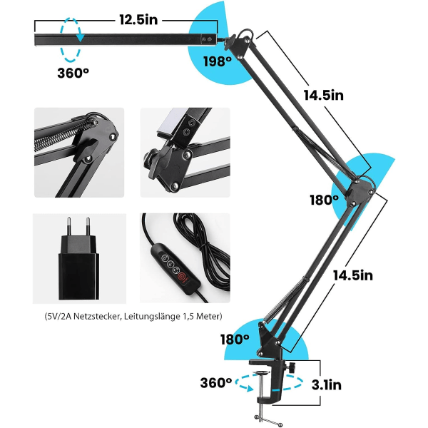 LED skrivebordslampe, 14W sammenleggbar arkitektlampe med klips, 10 lysstyrkenivåer x 3 fargemoduser, justerbar bordlampe, øyevern