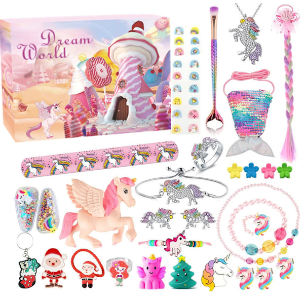 2023 Amazon Julkalender Nedtelling Blind Box Enhjørning Is og Snø Ornament Jenter Feriegave Leke ST-026 Christmas Unicorn Set 388g