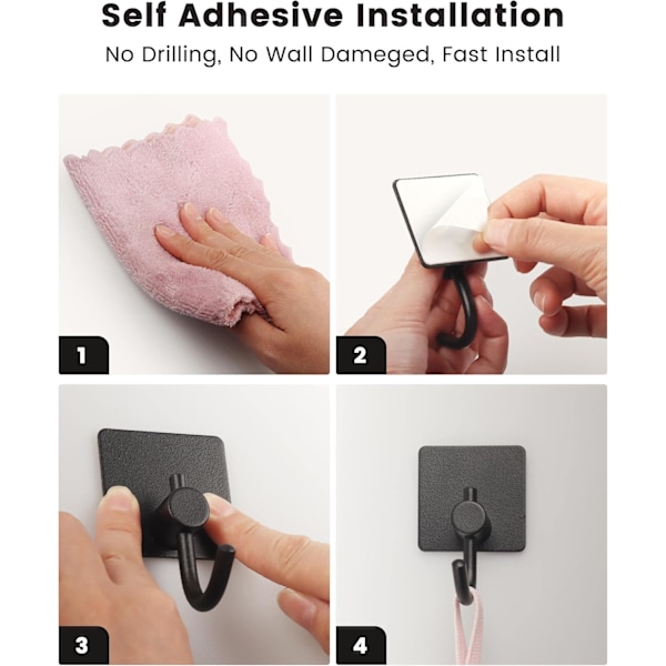 Selvklebende Kroker Kraftige, Veggkroker for Oppheng, Håndklekroker for Jakker/Morgenkåper/Håndklær for Montering på Badet, 6-Pakning, Svart