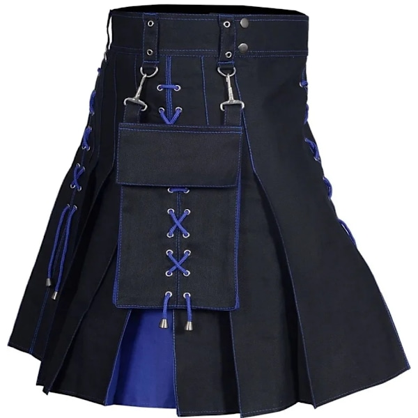 Männs Kilt Utility Skotsk Traditionell Highland Solid Plisserad Spänne Spänne Kostym Kilts med Lastfickor Blå Blue XXL