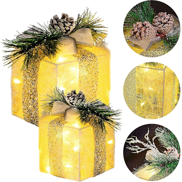 Sett med 3 julebelyste gaveesker, forbelyst med 60 LED-lys Gaveesker Ornament Utomhus Varmt Hvitt [HK]