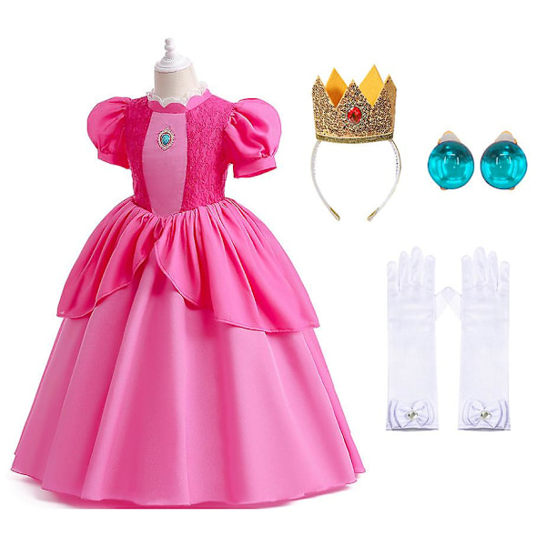 4 stk Girls Princess Peach Kjole Super Brothers Cosplay Kostyme Fancy Dress Outfits Rollespill Rose Rose 130