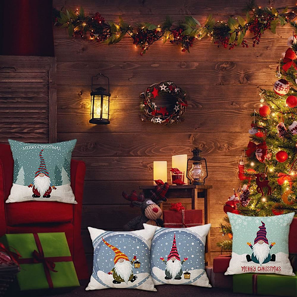 Juleputetrekk 45x45cm Sett med 4 Juledekorasjoner Svenska Gnome Tomte Dekorative Putetrekk for Sofa Juledekorasjon