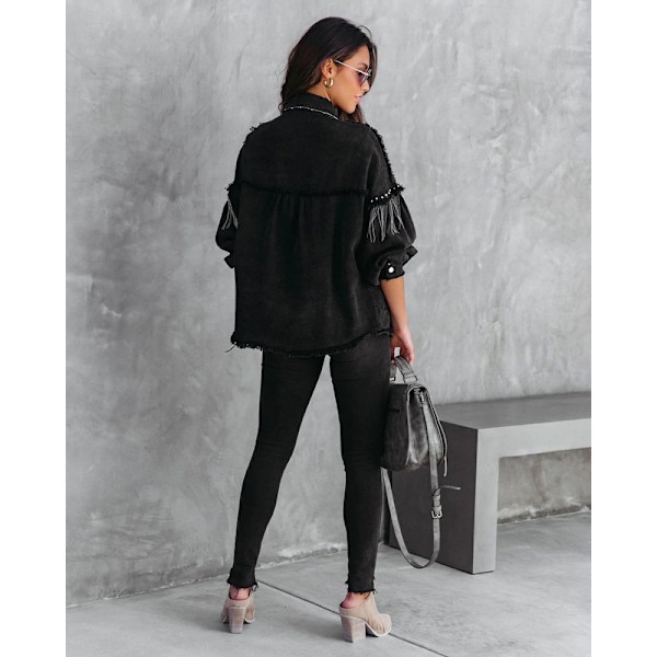 Afslappet denimjakke med frynser til kvinder Sort Sort Black XL