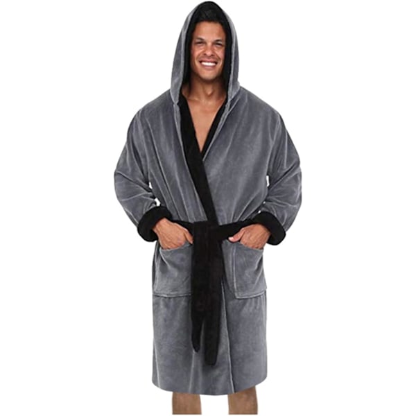 Mænds Varmt Hætte Vinter Kappe Badekåbe Håndklæde Lang Dressing Gown (L Grå Sort)