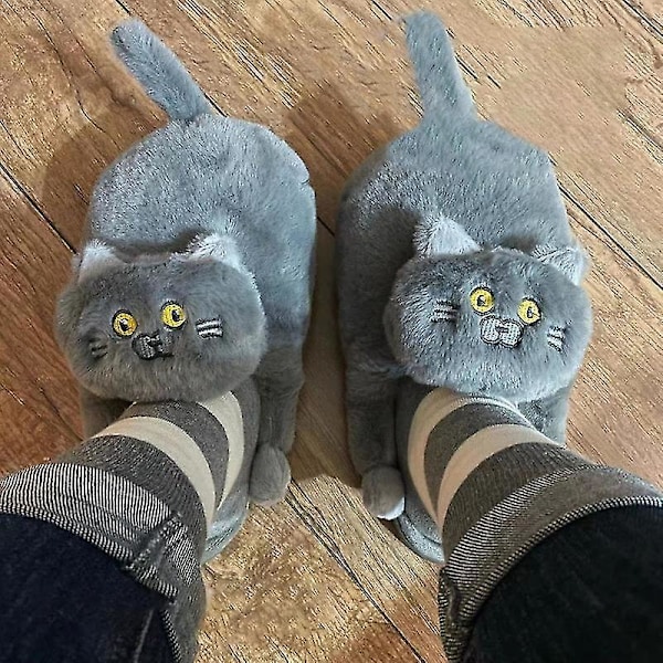 Damtofflor i plysch katt, tofflor för par, Mjuka Anti-Slip Blå Grå Grey 40