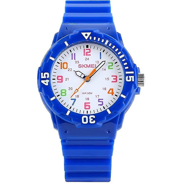 Barnur Drenge Analog Kvarts 50m Vandafvisende Ur Plast Og Gummi Roterende Rem Farve Urtavle Mode Armbåndsur Til Piger (Blå
