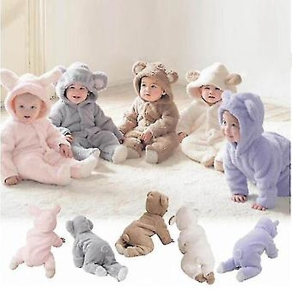 Spædbarns Baby Vinter Fleece Romper Varme Søde Teddybjørn Hætte Jumpsuit (0-3 Måneder Lilla)