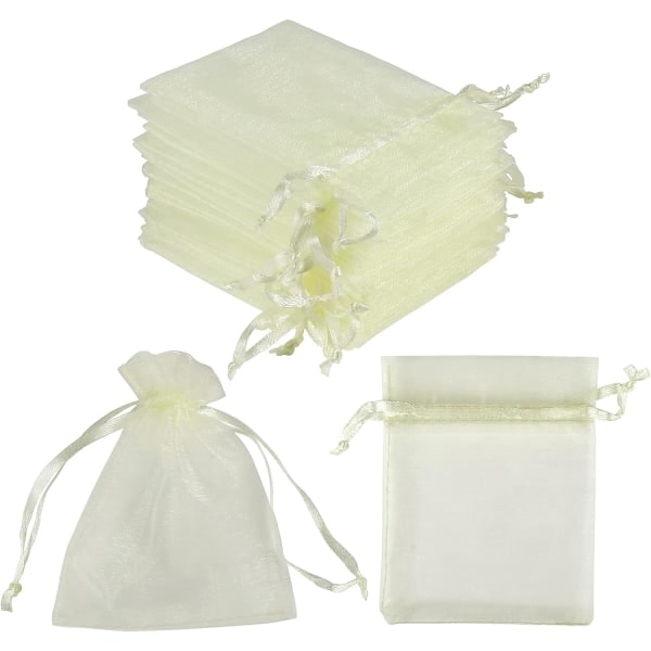 100 beige smykkeposer med snøre i organza, mini poser til slik, små gaver, smykker og øreringe [ch]