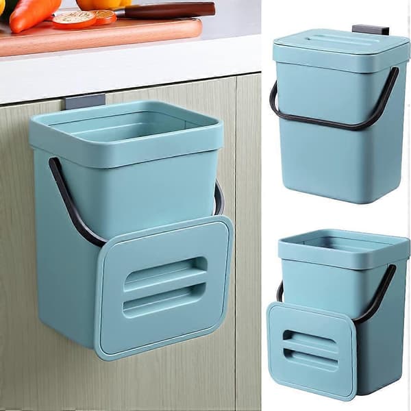 Compost Bin for Kitchen, Hanging Small Trash Can with Sealed Lid, 5 Liter, Mountable Compost Bin for Kitchen/Bathroom/RV (Blue)