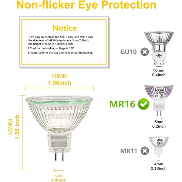 MR16 Spot Pære, 12V 20W Ljuskälla, Gu5.3 Pære Dimbar MR16 Ljuskälla, 2 Pin Halogen Ljuskilder Varm Hvid 2700K，Pakke med 6