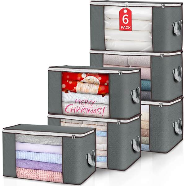 Foldbar Opbevaringspose 6-pak, Holdbar Tykt Stof Garderobeskab Organizer med Håndtag til Tøj Tæpper Sengetøj (Grå)