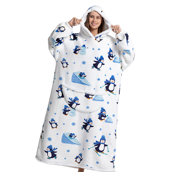 Fleece Hoodie Tæppe til Kvinder med Ærmer, Kæmpe TV Bærbart Kast Penguin