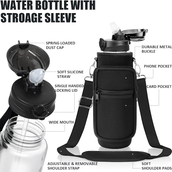 32 oz vattenflaska med fodral - BPA-fri läcksäker sport stor 1L plast motivationsbärväska bra julklapp