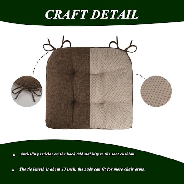 Sklisikre stolputer for spisestoler Sett med 4, 46*43*9cm sittepute med bånd dark coffee