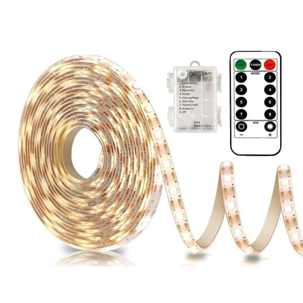 3 metrin paristokäyttöiset LED-nauhat kaukosäätimellä, 90 LED-valoa, vedenpitävä, 8 tilaa, himmennettävä, ajastin, itseliimautuva, leikattava (lämmin valkoinen)