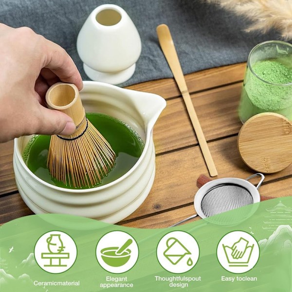 Keramiskt teset, inklusive matchaskål, matcha visphållare och matchavisp, 5-delars set vit [CH] white