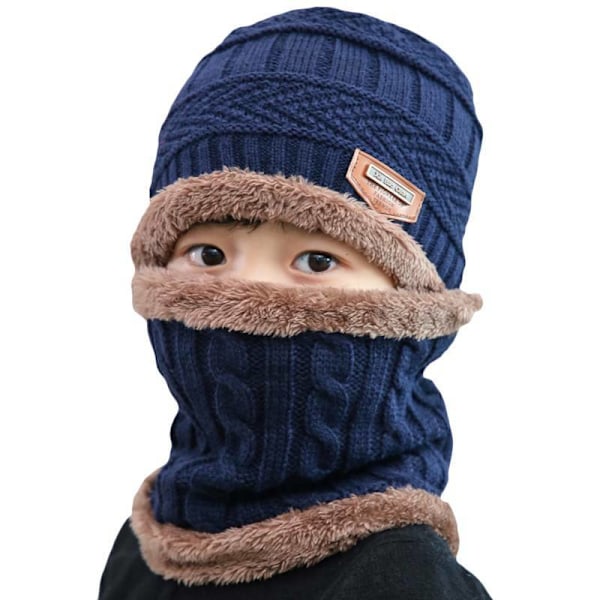 Barnvintermössa och halsduk i stickad ull Navy Blue